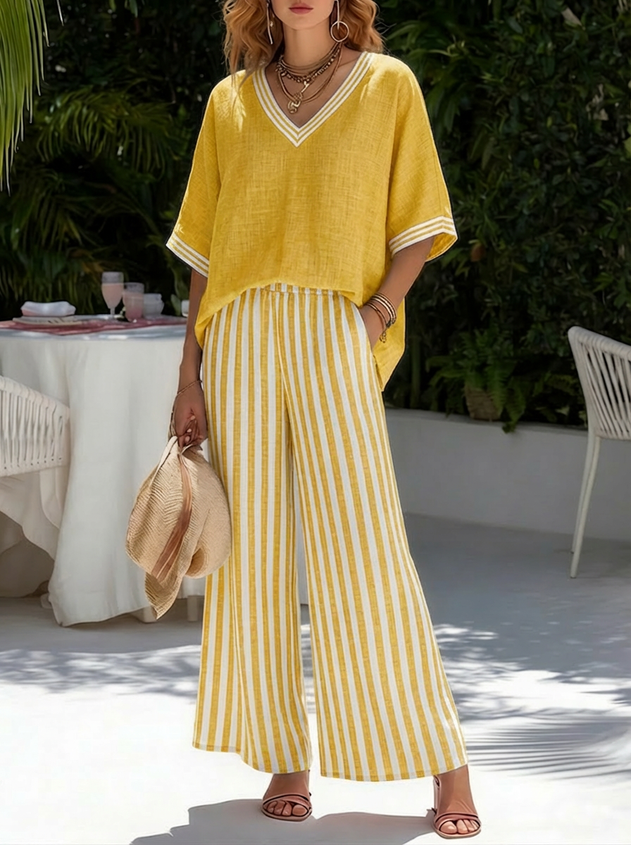 Amelia Striped Linen-Cotton Elegant Set