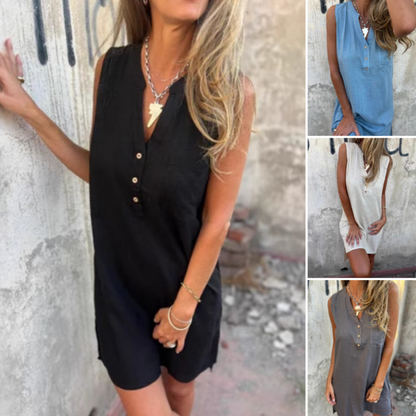 Sleeveless V-Neck Dress with Buttons and Pockets for Women