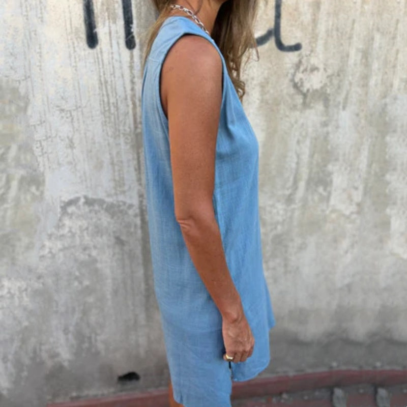 Sleeveless V-Neck Dress with Buttons and Pockets for Women
