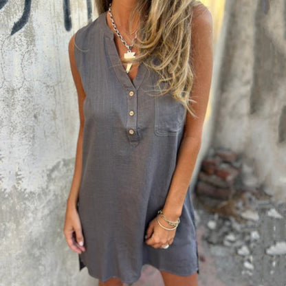 Sleeveless V-Neck Dress with Buttons and Pockets for Women
