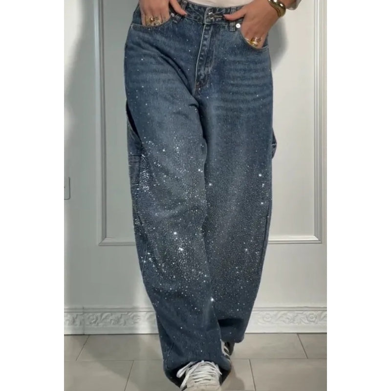 Ladies' Jeans with Rhinestone Embellishment - Stylish Comfortable Trousers