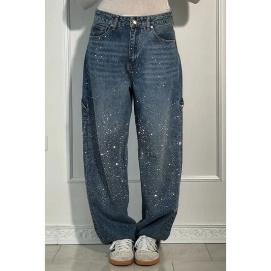 Ladies' Jeans with Rhinestone Embellishment - Stylish Comfortable Trousers