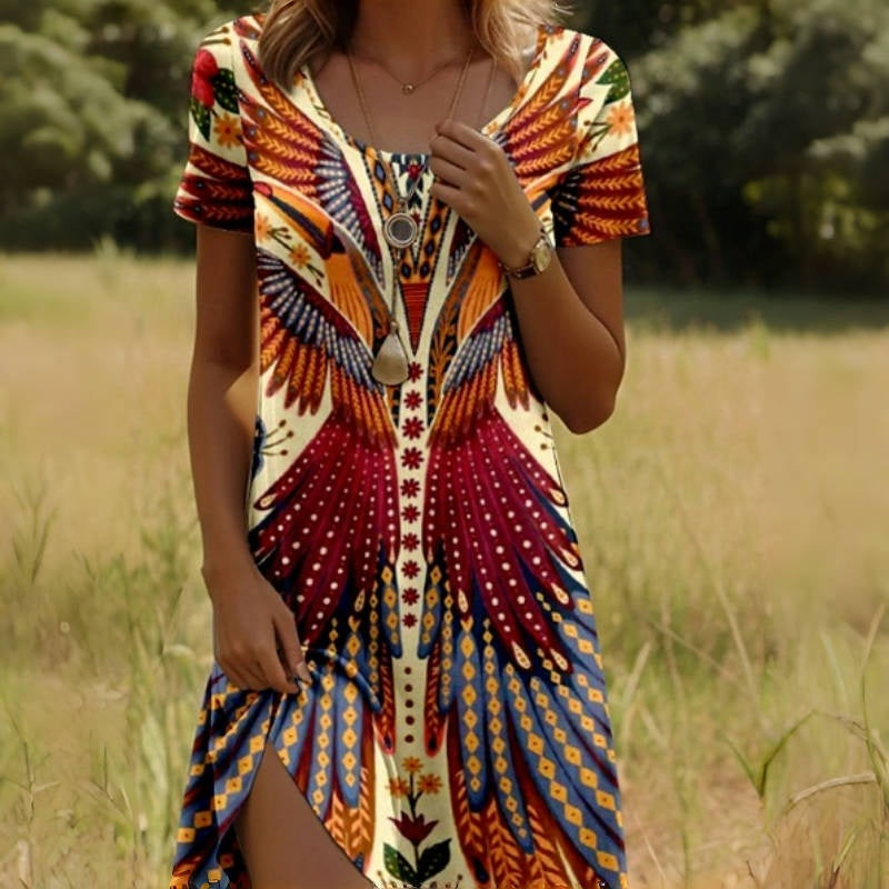 Solène — Bohemian Feather-Print Mini Dress