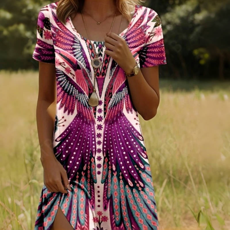 Solène — Bohemian Feather-Print Mini Dress
