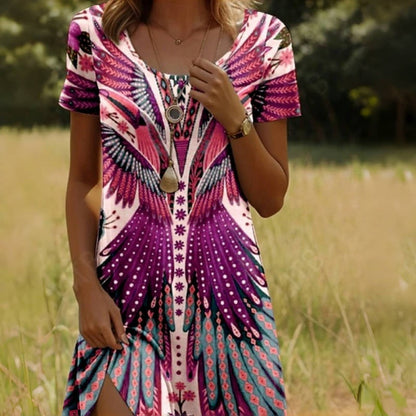 Solène — Bohemian Feather-Print Mini Dress