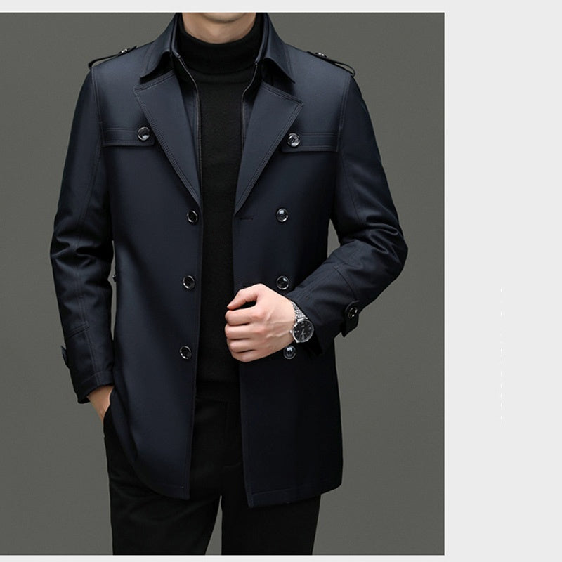 Men's Long Trench Coat - Windproof and Water-Repellent