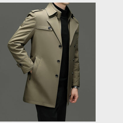 Men's Long Trench Coat - Windproof and Water-Repellent