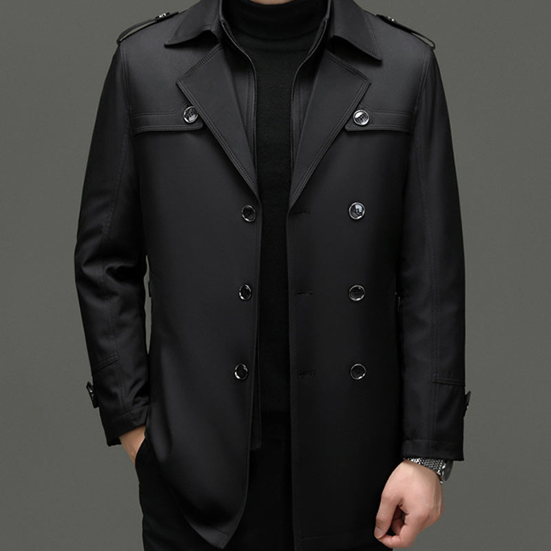 Men's Long Trench Coat - Windproof and Water-Repellent