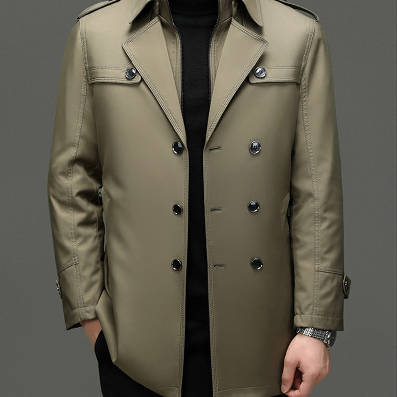 Men's Long Trench Coat - Windproof and Water-Repellent