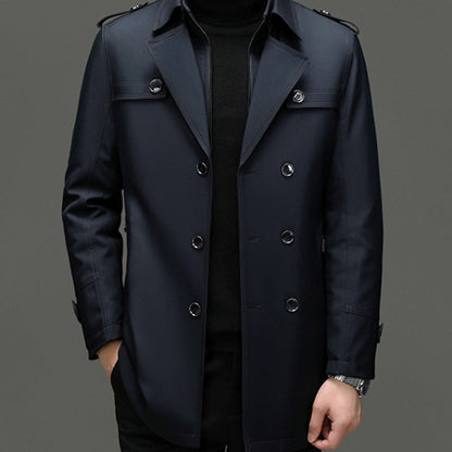 Men's Long Trench Coat - Windproof and Water-Repellent