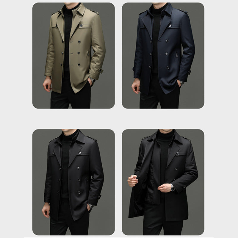 Men's Long Trench Coat - Windproof and Water-Repellent