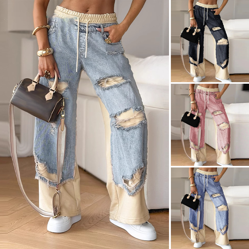 Patchwork Denim Elastic Drawstring Trousers - Comfortable Wide Leg Trousers