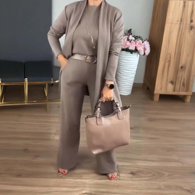 Elegant 3-Piece Set - Comfortable Long Cardigan, Top, and Pants