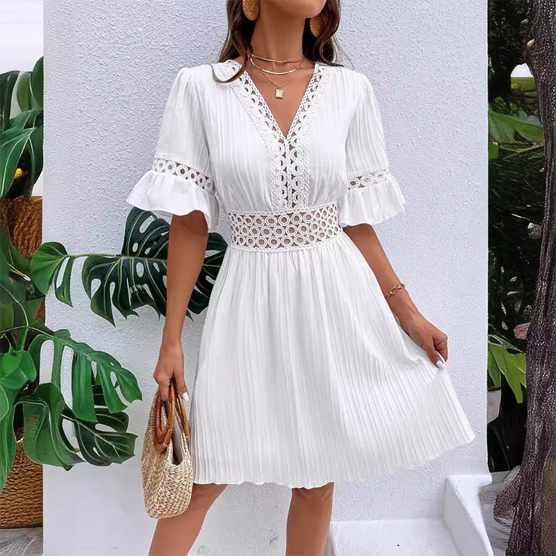 Thessaly — Lace-Trim Pleated Summer Dress